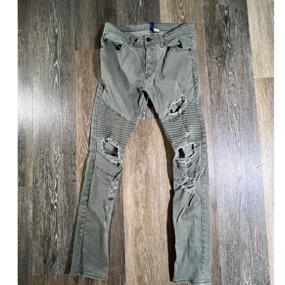 H&M Divided Moto Skinny Jeans Mens 30 Olive Green Distressed Ribbed Biker Pants